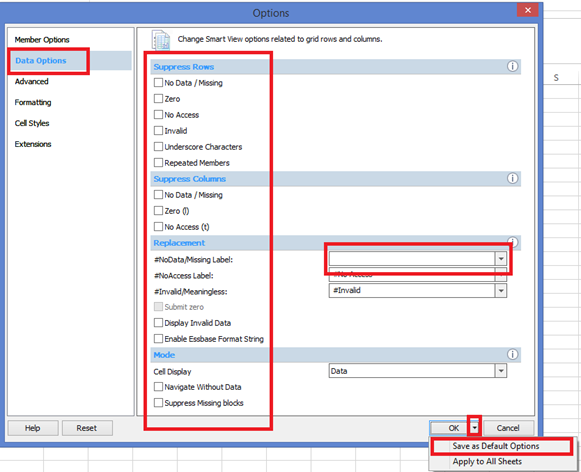 In options menu, selected data options, cleared #nodata/missing label and selected save as default options